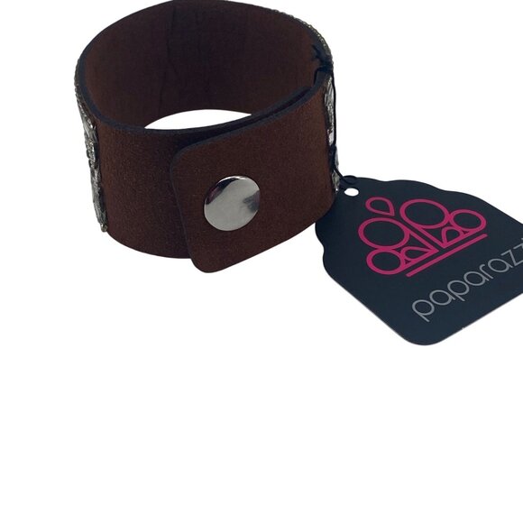 Paparazzi Jewelry Rebel Radiance Brown Fold Over Snap Bracelet Rhinestone Stud - Picture 3 of 9